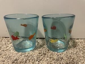 Anthropologie Icon Fish Hand Blown Glasses Heavy Thick Set of 2 Blue